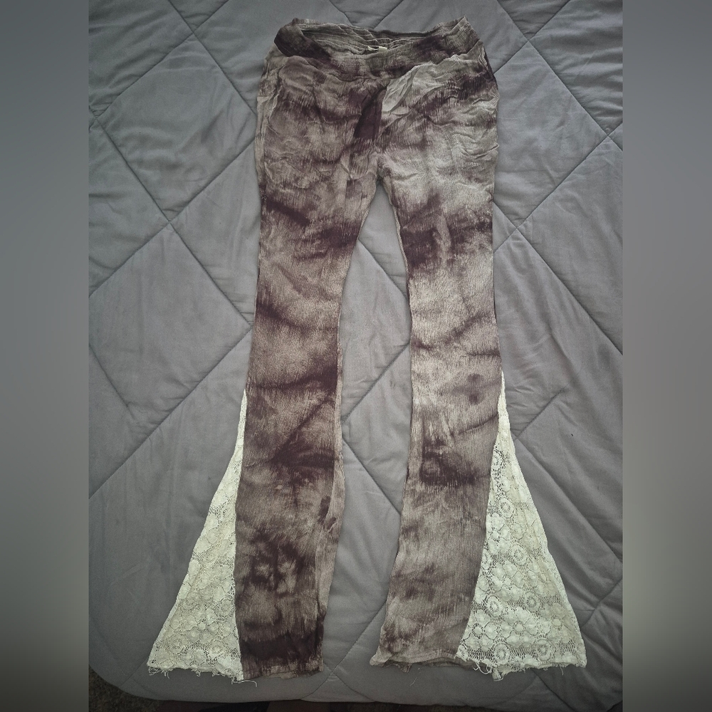 Umgee Tie-Dye Flare Pants with Lace Detail - Brown and Cream- NWOT!